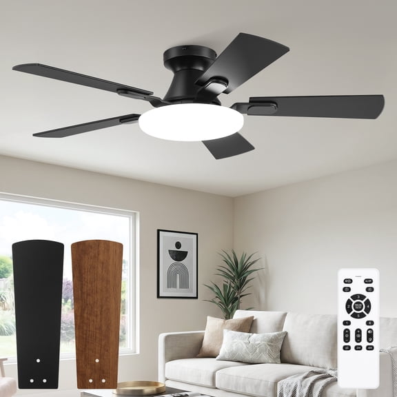 Lokivas 42in Modern Ceiling Fans with Lights and Remote, Low Profile Ceiling Fan with Reversible 6 Speed for Living Room, Bedroom, Black