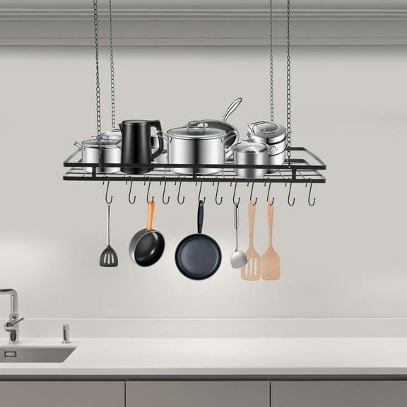 Ceiling Hanging Pot Rack, 31.5 Inch Black Metal Pot and Pan Rack with 12 S Hooks, Ceiling Mounted Cookware Organizer with Grid Shelf, Heavy Duty Kitchen Storage Rack for Pots, Pans, Utensils