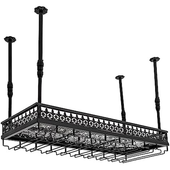 Ceiling , Hanging Wine Rack with Glass Holder, 13.78-21.65 in Height Adjustable, Maximum Load 110.23 lbs, Stemware Hanger Metal Bar Floating Shelf for Bar Kitchen