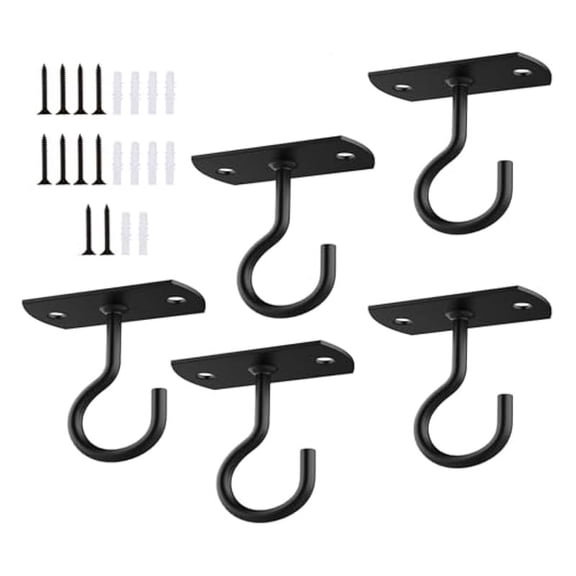 Ceiling Hooks for Hanging Plant,Wall Hook for , Flower Basket, Wind Chimes, Lanterns, Lights, Bird Feeders,5 x Hanging basket hook 10 x self-tapping screws 10 x plastic expansion tubes,Black
