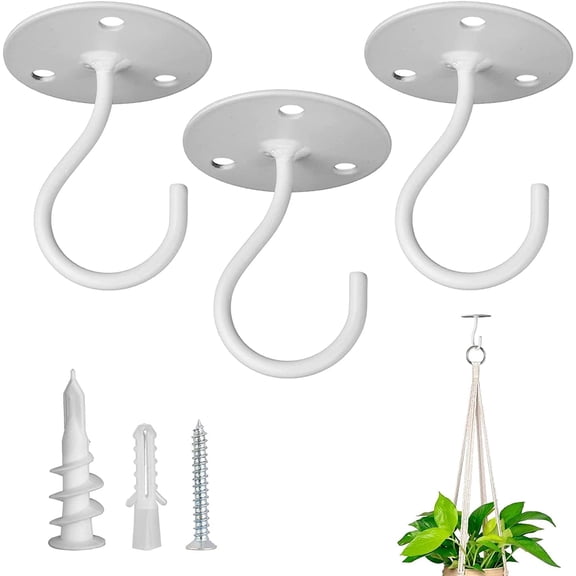 Ceiling Hooks for Hanging Plants-Metal Heavy Duty Wall Mounted Hangers for Hanging Bird Feeders, Planters, Wind Chimes, Include Professional Drywall Anchors(3-Pack) (White)