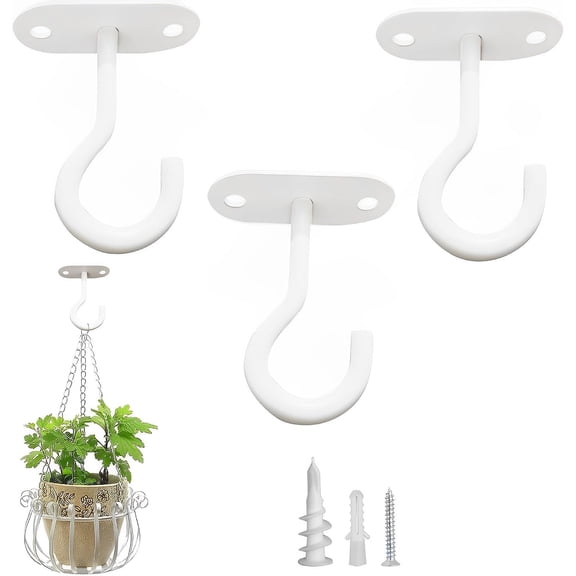 Ceiling Hooks for Hanging Plants-Metal Heavy Duty Wall Mounted Hangers for Hanging Bird Feeders, Planters, Wind Chimes, Include Professional Drywall Anchors (Pure White) 3 Pack