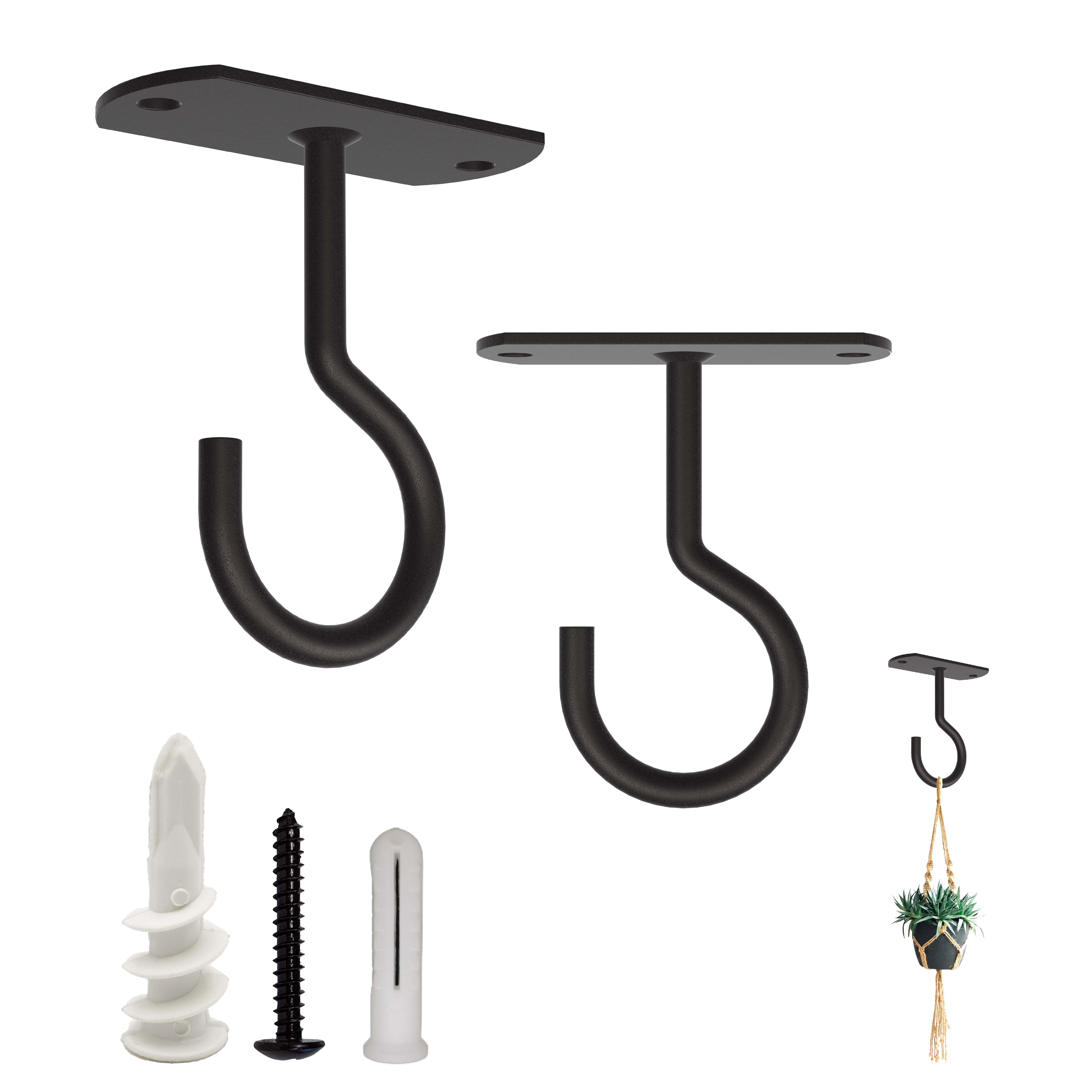 Ceiling Hooks for Hanging Plants - Square Wall Mount Plant Hanger Indoor Hanging Hooks Metal Plant Bracket Iron Lanterns Hangers for Wind Chimes, Planters (2.5" Black 2 Pcs)