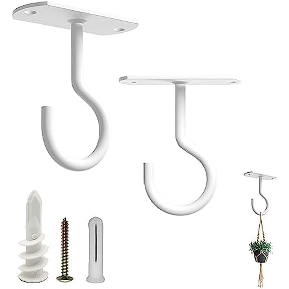 Ceiling Hooks Heavy Duty 2 Pack - Plant Hooks for Ceiling Hanging Hook for Hanging Basket Hook, Light, Bird Feeders, Wind Chimes Décor Indoor & Outdoor (White, 2.5 Inch 2 Pack)