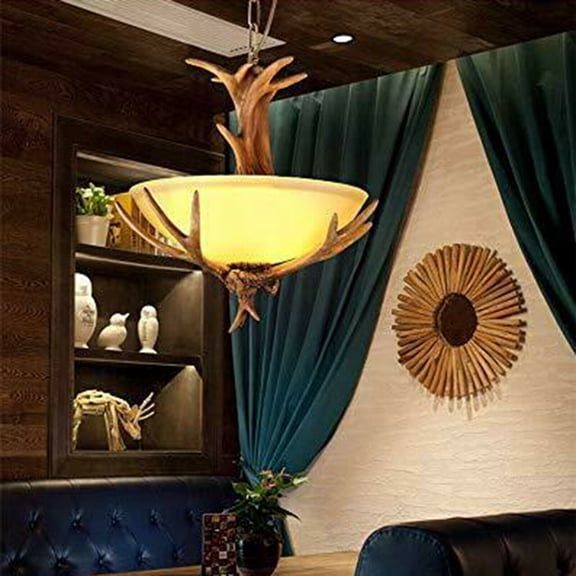 Ceiling Lamp Lighting,Rustic Pendant Light Faux Antler Frosted Glass Bowl Shade