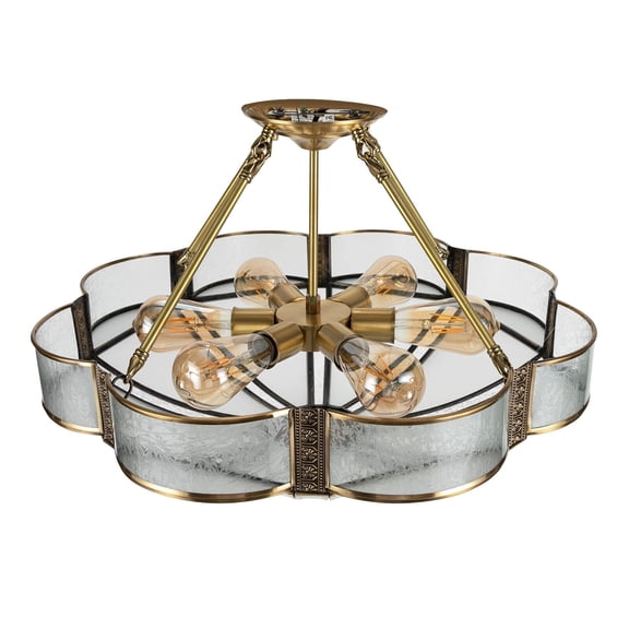 Ceiling Light, 6-Light E26 Base Gold Flush Mount Chandelier with Glass Shades, 24 Inch Wide Pendant Light for Living Room, Dining Room