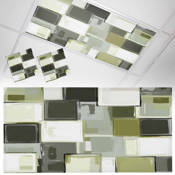 Ceiling Light Cover for Classroom, Abstract Retro Magnetic Fluorescent Light Covers Filter for School,Office, 2X4&nbsp; FT, Pack of 2, Geometric Block Pattern Sage Green Gray
