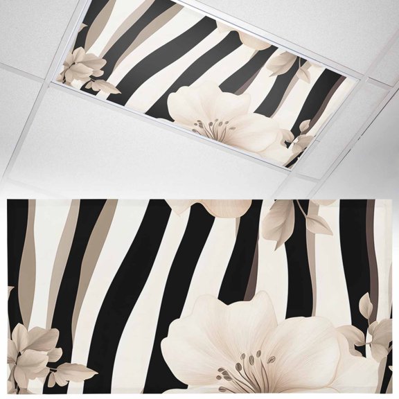 Ceiling Light Cover for Classroom, Abstract Vintage Magnetic Fluorescent Light Covers Filter for School,Office, 2X4 FT, Pack of 1, Zebra Texture Pattern Flowers Black White