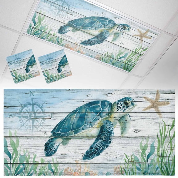 Ceiling Light Cover for Classroom, Blue Coastal Nautical Ocean Magnetic Fluorescent Light Covers Filter for School,Office, 2X4&nbsp; FT, Pack of 2, Sea Turtle on Wood Texture