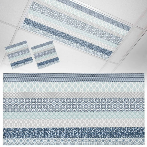 Ceiling Light Cover for Classroom, Blue Grey Boho Magnetic Fluorescent Light Covers Filter for School,Office, 2X4 FT, Pack of 2, Bohemian Geometric Pattern
