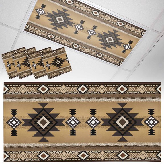 Ceiling Light Cover for Classroom, Brown Southwest Tribal Pattern Magnetic Fluorescent Light Covers Filter for School,Office, 2X4&nbsp; FT, Pack of 4, Boho Retro Ethnic Style