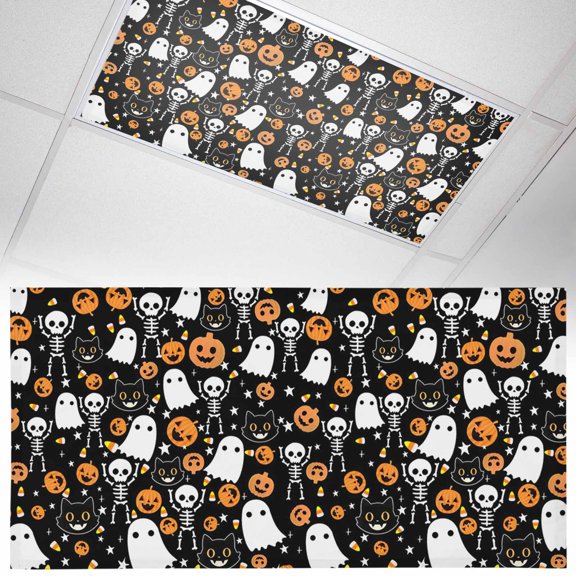 Ceiling Light Cover for Classroom, Cartoon Halloween Magnetic Fluorescent Light Covers Filter for School,Office, 2X4 FT, Pack of 1, White Ghosts Skull Orange Pumpkin Black Cat