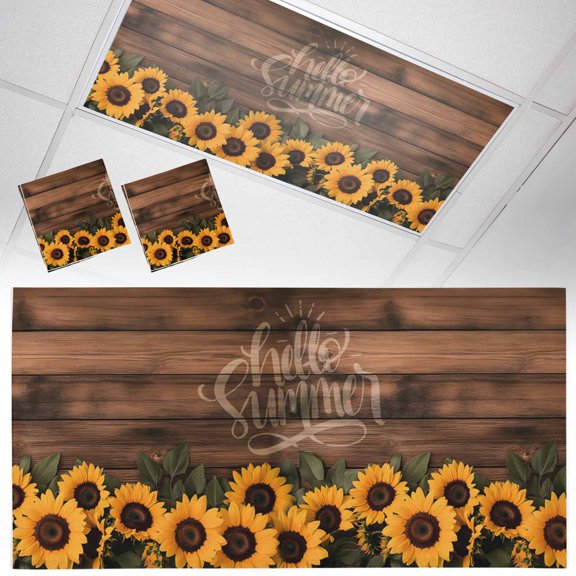 Ceiling Light Cover for Classroom, Country Summer Magnetic Fluorescent Light Covers Filter for School,Office, 2X4 FT, Pack of 2, Vintage Wood Grain Sunflower Gold