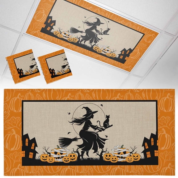 Ceiling Light Cover for Classroom, Creepy Halloween Nights Magnetic Fluorescent Light Covers Filter for School,Office, 2X4 FT, Pack of 2, Black Witch Orange Pumpkins Castle