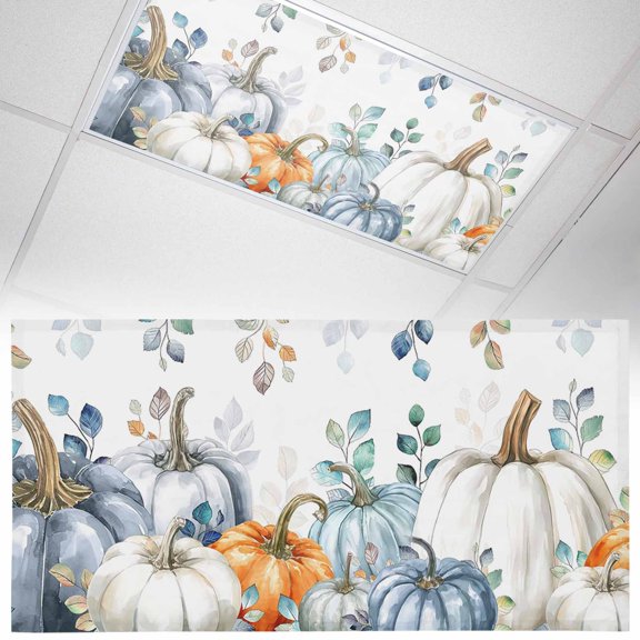Ceiling Light Cover for Classroom, Fall Thanksgiving Magnetic Fluorescent Light Covers Filter for School,Office, 2X4 FT, Pack of 1, Orange White Blue Pumpkin Eucalyptus Leaf