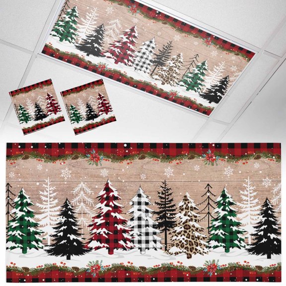 Ceiling Light Cover for Classroom, Farmhouse Merry Christmas Magnetic Fluorescent Light Covers Filter for School,Office, 2X4 FT, Pack of 2, Red Black Buffalo Plaid Tree Snowflake
