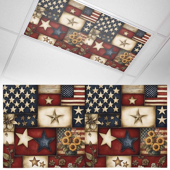 Ceiling Light Cover for Classroom, Farmhouse Primitive Barn Stars Magnetic Fluorescent Light Covers Filter for School,Office, 2X4 FT, Pack of 1, Retro American Flag Blue Red