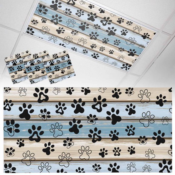 Ceiling Light Cover for Classroom, Farmhouse Vintage Magnetic Fluorescent Light Covers Filter for School,Office, 2X4&nbsp; FT, Pack of 3, Pet Dog Paws Wood Texture Blue