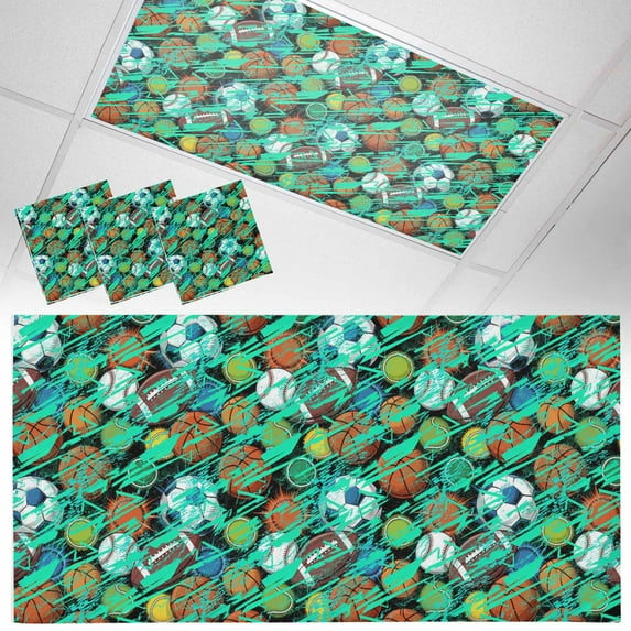 Ceiling Light Cover for Classroom, Football Rugby Magnetic Fluorescent Light Covers Filter for School,Office, 2X4 FT, Pack of 3, Abstract Sports Pattern