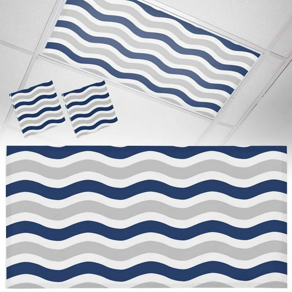 Ceiling Light Cover for Classroom, Geometric Striped Pattern Magnetic Fluorescent Light Covers Filter for School,Office, 2X4&nbsp; FT, Pack of 2, Navy Grey White Wave Pattern