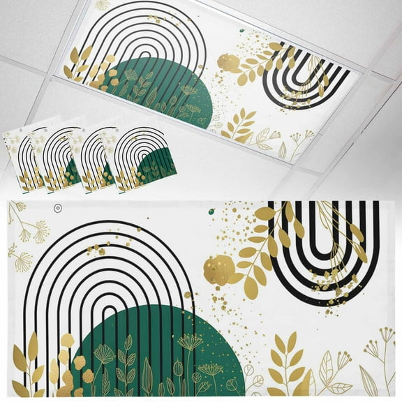 Ceiling Light Cover for Classroom, Green Gold Leaf Black Circle Magnetic Fluorescent Light Covers Filter for School,Office, 2X4&nbsp; FT, Pack of 4, Boho Mid Century