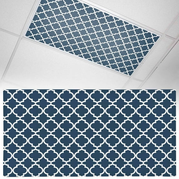 Ceiling Light Cover for Classroom, Lake Blue White Geometric Magnetic Fluorescent Light Covers Filter for School,Office, 2X4&nbsp; FT, Pack of 1, Modern Morocco Pattern