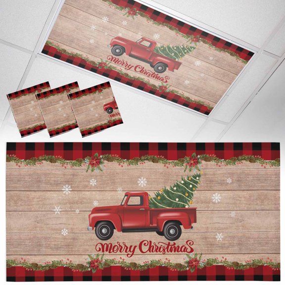 Ceiling Light Cover for Classroom, Merry Christmas Magnetic Fluorescent Light Covers Filter for School,Office, 2X4 FT, Pack of 3, Red Farm Truck with Christmas Tree