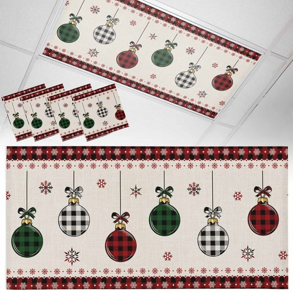 Ceiling Light Cover for Classroom, Merry Christmas Magnetic Fluorescent Light Covers Filter for School,Office, 2X4 FT, Pack of 4, Rustic Buffalo Plaid Xmas Balls Farmhouse