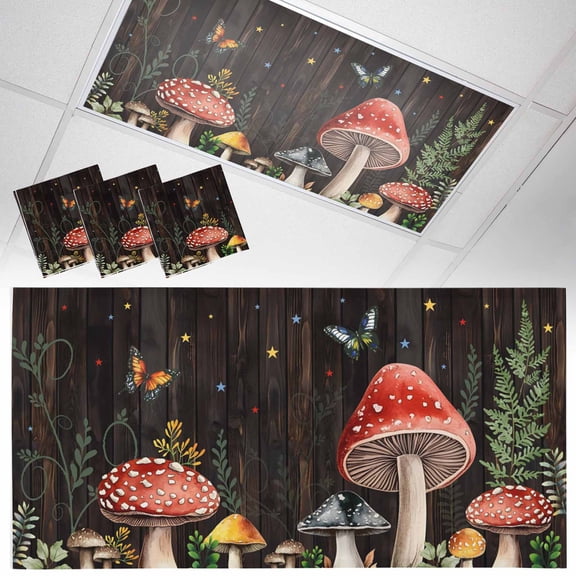 Ceiling Light Cover for Classroom, Mushroom Butterfly Botanical Magnetic Fluorescent Light Covers Filter for School,Office, 2X4 FT, Pack of 3, Brown
