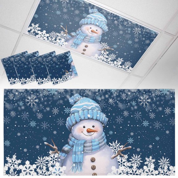 Ceiling Light Cover for Classroom, Navy Blue Christmas Snowman Magnetic Fluorescent Light Covers Filter for School,Office, 2X4 FT, Pack of 4, Winter Snowflakes