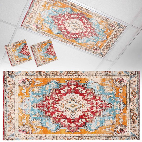 Ceiling Light Cover for Classroom, Orange Blue Boho Magnetic Fluorescent Light Covers Filter for School,Office, 2X4&nbsp; FT, Pack of 2, Vintage Tribal Pattern