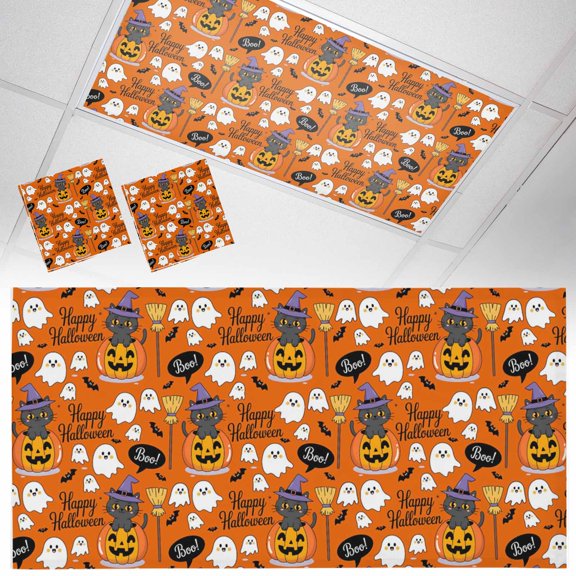 Ceiling Light Cover for Classroom, Orange Boo Ghost Halloween Magnetic Fluorescent Light Covers Filter for School,Office, 2X4&nbsp; FT, Pack of 2, Black Cat Pumpkin Broom Bats