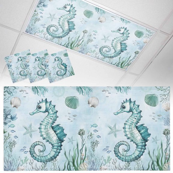 Ceiling Light Cover for Classroom, Summer Ocean Magnetic Fluorescent Light Covers Filter for School,Office, 2X4&nbsp; FT, Pack of 3, Coastal Seahorse Shell Coral Turquoise