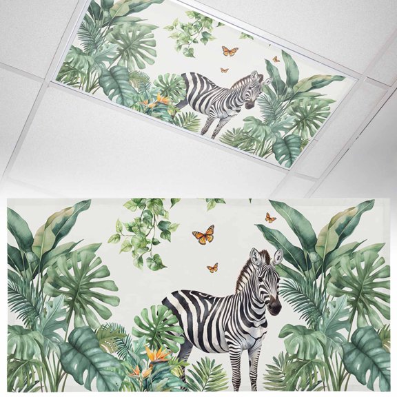 Ceiling Light Cover for Classroom, Tropical Botanical Magnetic Fluorescent Light Covers Filter for School,Office, 2X4 FT, Pack of 1, Zebra Butterfly Leaf Green White Black
