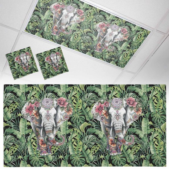 Ceiling Light Cover for Classroom, Tropical Botanical Magnetic Fluorescent Light Covers Filter for School,Office, 2X4 FT, Pack of 2, Elephants Palm Leaves Floral Green Gray