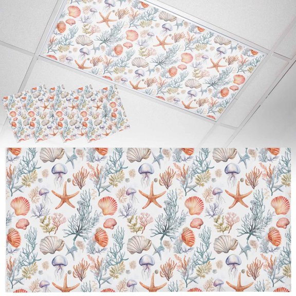 Ceiling Light Cover for Classroom, Tropical Coastal Magnetic Fluorescent Light Covers Filter for School,Office, 2X4&nbsp; FT, Pack of 4, Watercolor Starfish Starfish Print Orange