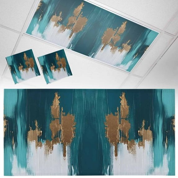 Ceiling Light Cover for Classroom, Turquoise Gold Brush Magnetic Fluorescent Light Covers Filter for School,Office, 2X4&nbsp; FT, Pack of 2, Abstract Modern Art