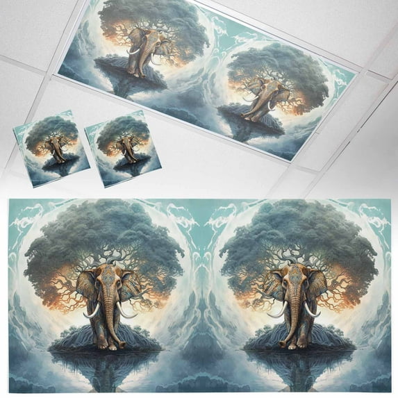Ceiling Light Cover for Classroom, Vintage Boho Elephants Trees Magnetic Fluorescent Light Covers Filter for School,Office, 2X4 FT, Pack of 2, Chocolate Brown Blue