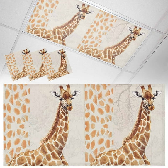 Ceiling Light Cover for Classroom, Vintage Watercolor Magnetic Fluorescent Light Covers Filter for School,Office, 2X4 FT, Pack of 3, Giraffe Texture Brown