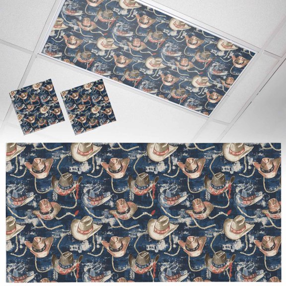 Ceiling Light Cover for Classroom, Western Farmhouse Magnetic Fluorescent Light Covers Filter for School,Office, 2X4&nbsp; FT, Pack of 2, Vintage Cowboy Hat Bule