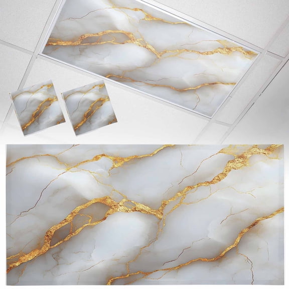 Ceiling Light Cover for Classroom, White Abstract Marble Texture Magnetic Fluorescent Light Covers Filter for School,Office, 2X4 FT, Pack of 2, Gold Lines