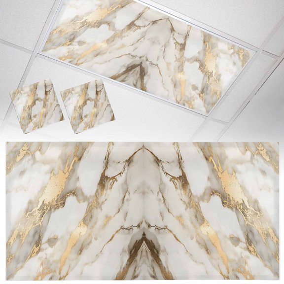 Ceiling Light Cover for Classroom, White and Gold Marble Texture Magnetic Fluorescent Light Covers Filter for School,Office, 2X4&nbsp; FT, Pack of 2, Abstract Lines