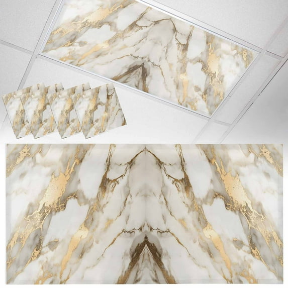 Ceiling Light Cover for Classroom, White and Gold Marble Texture Magnetic Fluorescent Light Covers Filter for School,Office, 2X4&nbsp; FT, Pack of 4, Abstract Lines