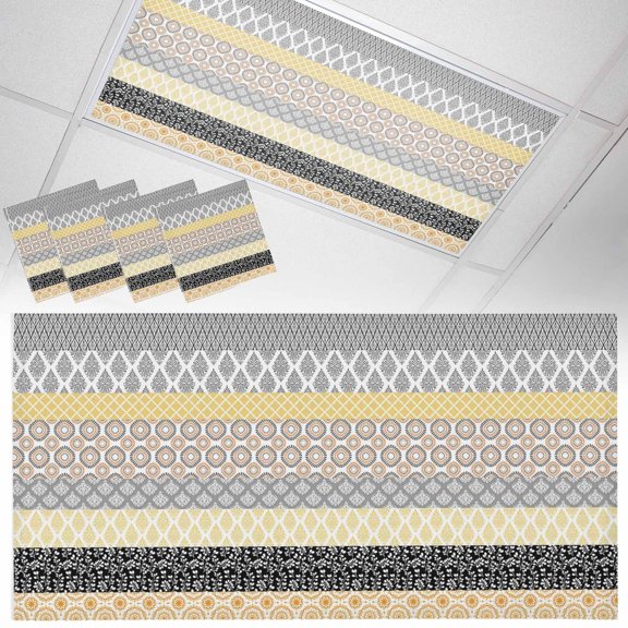 Ceiling Light Cover for Classroom, Yellow Grey Boho Magnetic Fluorescent Light Covers Filter for School,Office, 2X4&nbsp; FT, Pack of 4, Bohemian Geometric Pattern