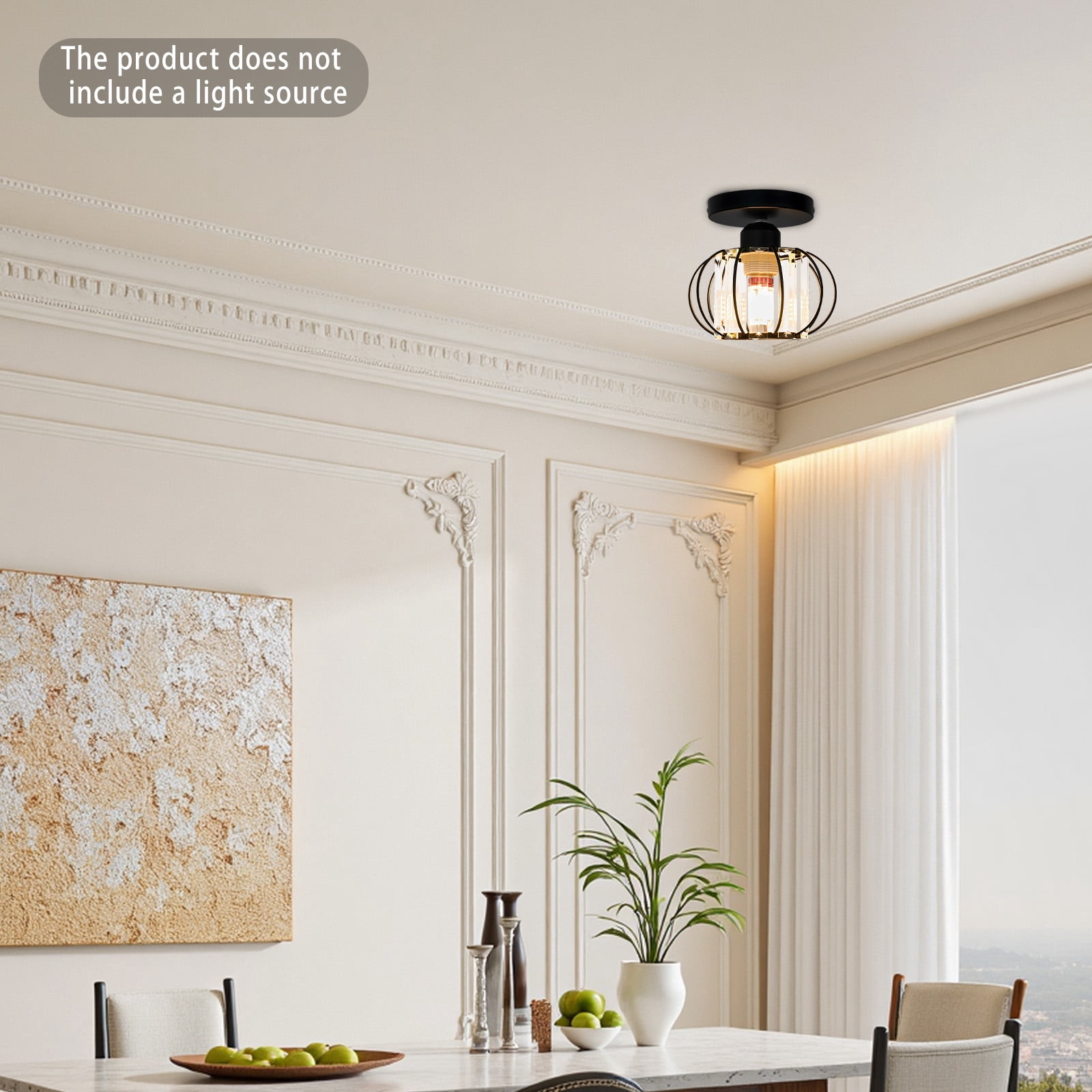 Ceiling Light Fixture, Black Cage Industrial Semi Flush Mount Light with Clear Glass Shade, E26 Base Pendant Light for Kitchen Hallway Bedroom Farmhouse Entryway, 110-240V (Bulb Not Included)
