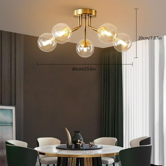 Ceiling Light Fixture, Gold, 5 Lights Semi Flush Mount Ceiling Lamp for Bedroom Kitchen