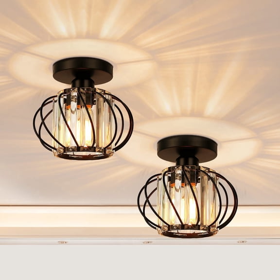 FRIDEKO HOME Modern Black 2 Pack Small Crystal Ceiling Light Fixtures, 7.5 in, Metal Cage, E26 Base, Mini Semi Flush Mount Ceiling Light for Hallway, Porch, Kitchen, Closet (Without Bulb)