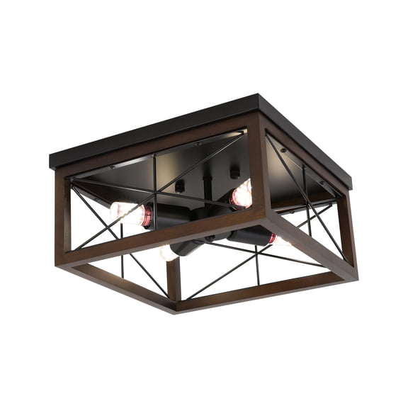 Ceiling Light Industrial Retro Style Light Fixture Wood Square Ceiling Light Fixture Cage-style Design Rust Scratch and Wear Resistant