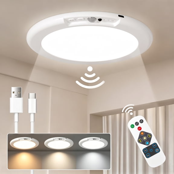 Rechargeable LED Ceiling Light, Wireless Motion Sensor Light with Remote Control and 3 Color Temp for Storage Room, Garage, Bathroom, Stairs, Doorway