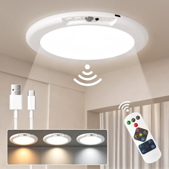 Wireless LED Ceiling Light, Rechargeable Ceiling Light whit Motion Sensor Support 3 Color Temp for Storage Room, Garage, Bathroom, Stairs, Doorway